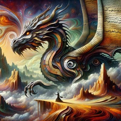 Primary subject: A dragon with a book in its mouth.

Setting/background: A colorful, surreal landscape with mountains and a cloudy sky.

Visual style: Digital art.

Colors and mood: The image is vibrant and full of color, creating a whimsical and imaginative atmosphere.